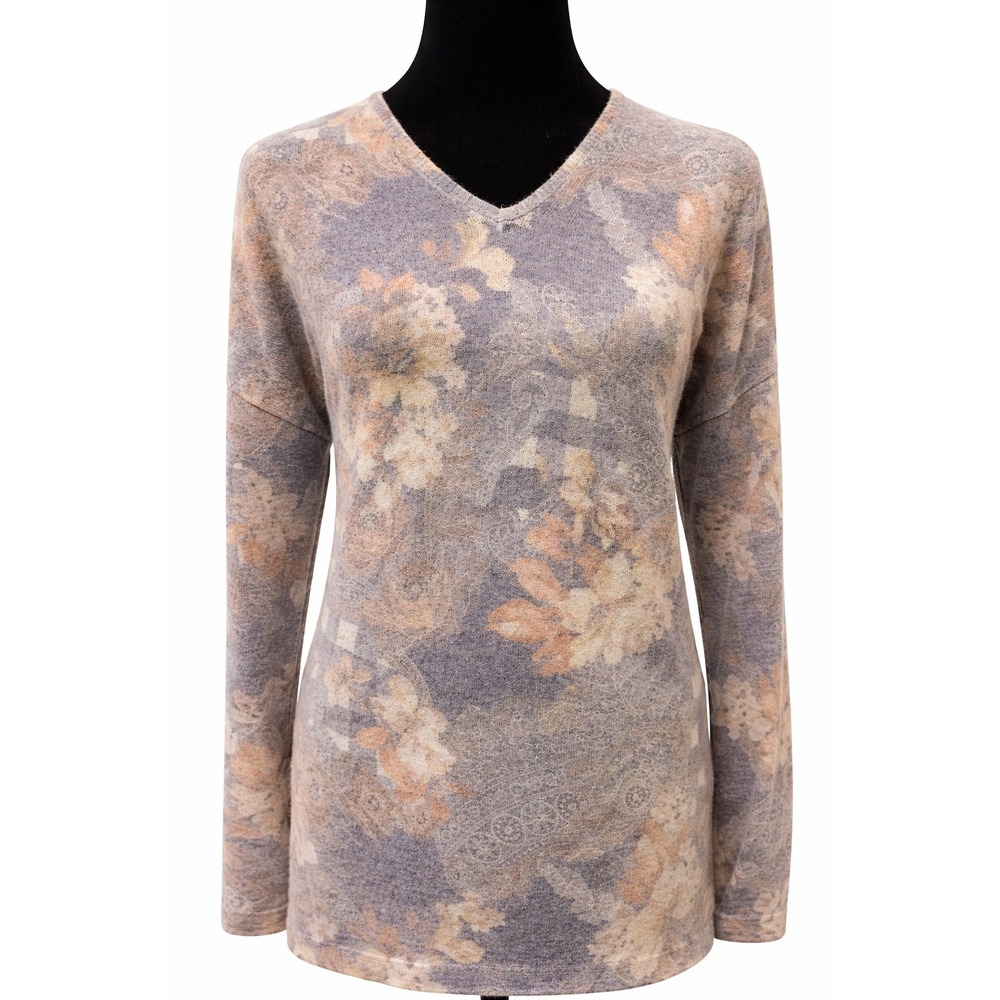 Gabriella T. Pullover V-Neck Sweater Large Gray Old World Floral Wool Italy